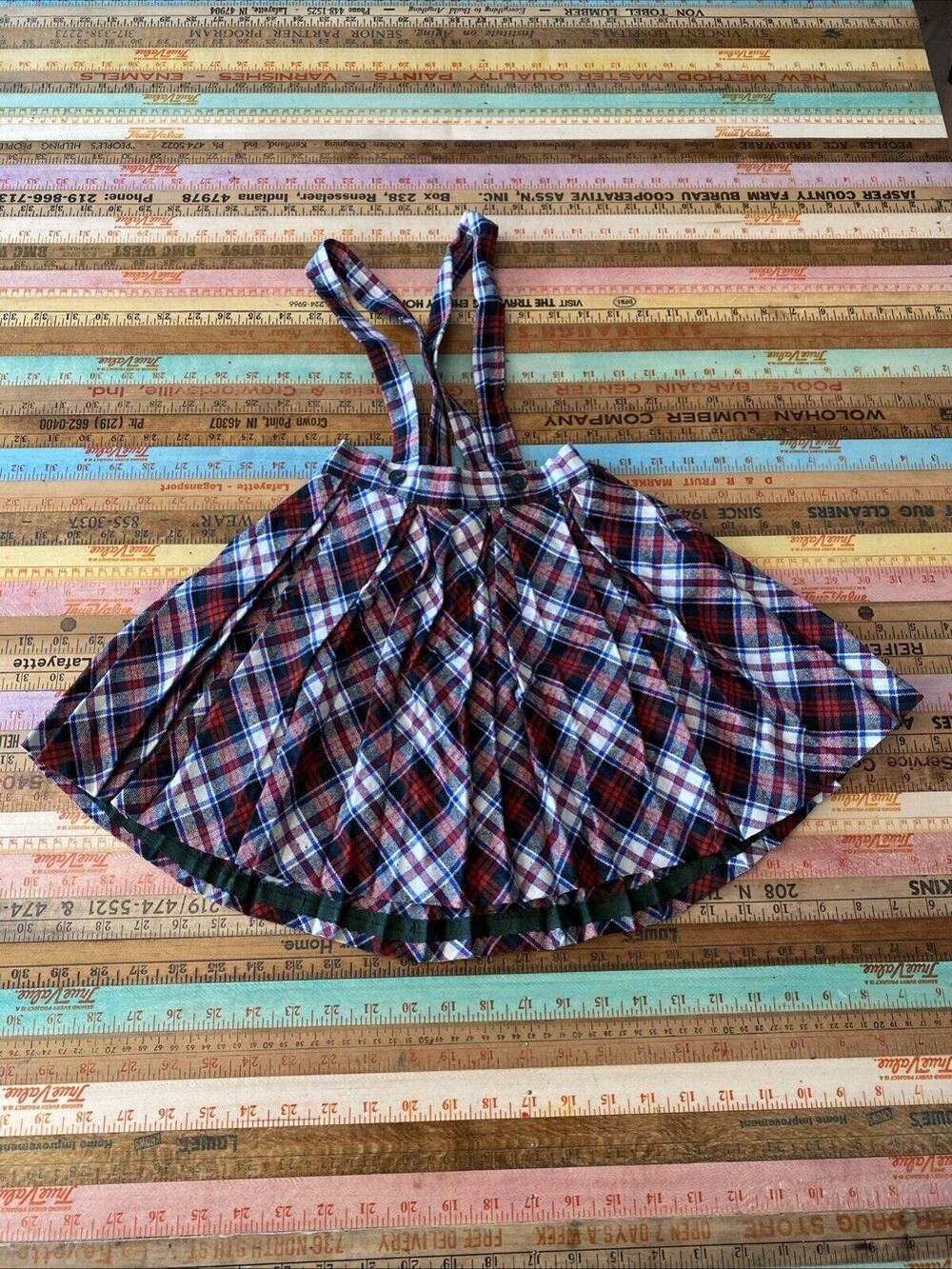 Vintage Sears Roebuck Girls 5 Jumper Skirt Bib Overall Wool Blend Plaid S MCM